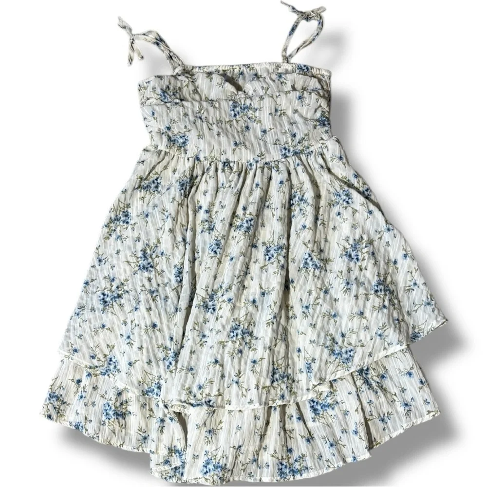 Unbranded White and Blue Floral Layered Tie Straps Empire Waist Babydoll Dress